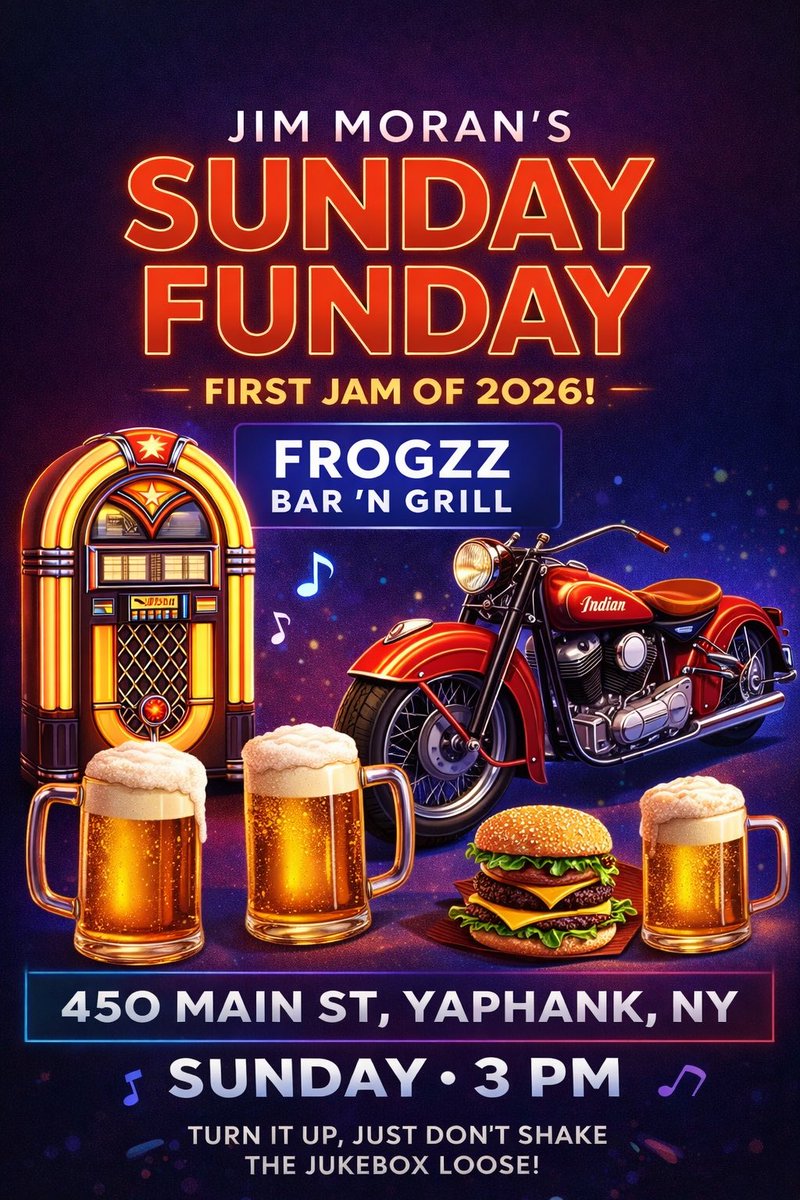 🔥 Jim Moran’s Sunday Funday 🔥
First jam of 2026 at Frogzz Bar ’N Grill 🏍️🍔🍺
Cold beer, juicy burgers, great music &amp; vintage vibes.

🕒 Sunday • 3 PM
📍 450 Main St, Yaphank, NY

#SundayFunday #LiveMusicNY #FrogzzBarAndGrill #LongIslandMusic #BurgersAndBeer #GoodTimes