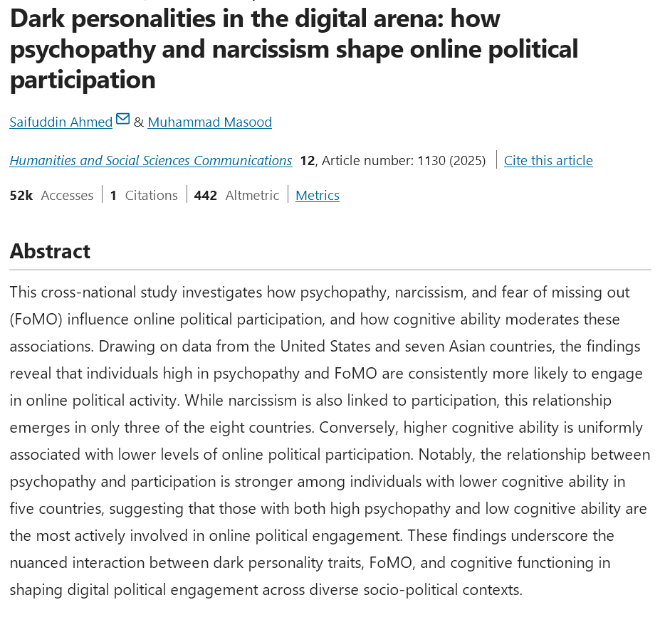 AdamMGrant's tweet image. People who post incessantly about politics don’t represent the population. They represent the least intelligent, least caring subset.

Data: The 2 robust predictors of online political activity are low cognitive ability and high psychopathy.

Don't mistake outliers for the norm.