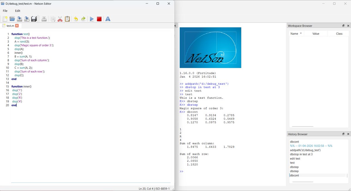 Nelson_software's tweet photo. 🚧 Debugger support for Nelson is in progress!
Step-by-step execution, breakpoints, and better inspection tools are coming to make numerical scripting easier and more powerful. Stay tuned! 🔍⚙️
#stem  #scientific #coding #FOSS  #MathSoftware #GNUoctave #scilab #Matlab #NelsonLang https://t.co/vGbhvwQcXk