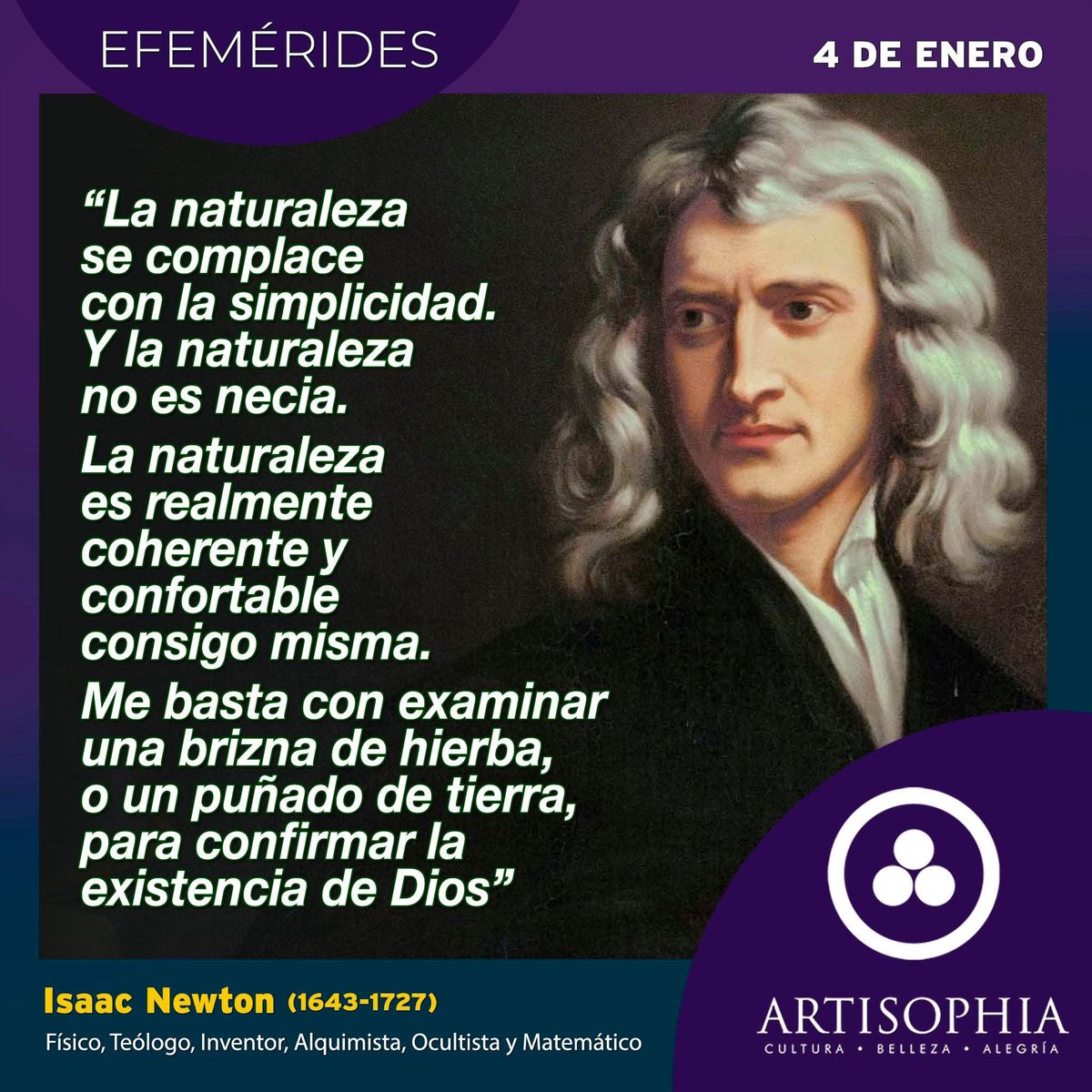 🌟#EFEMÉRIDES🌟
4 de enero de 1643 nace Isaac Newton, genio científico que cambió la historia. Descubrió la gravitación universal, las leyes del movimiento, estudioso de la alquimia, la teología y el esoterismo.
#Artisophia #Newton #Ciencia #Historia

facebook.com/share/p/1GVW2e…