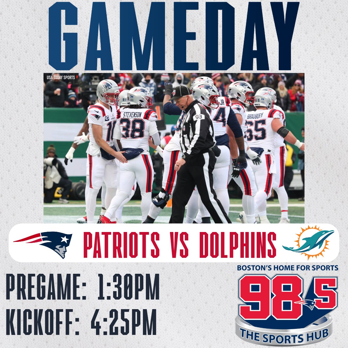 985TheSportsHub's tweet image. The Patriots wrap up the regular season today at 4:25pm

#patriots #dolphins #nfl