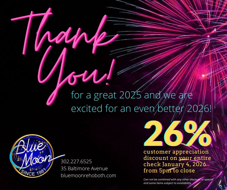 BlueMoonReho's tweet photo. CUSTOMER APPRECIATION NIGHT!  Join us as we get ready for our annual winter break and start our 45th year when we reopen on Tuesday, February 10, 2026.  26% your entire check tonight!  Reservations encouraged. https://t.co/UScLtkWppn