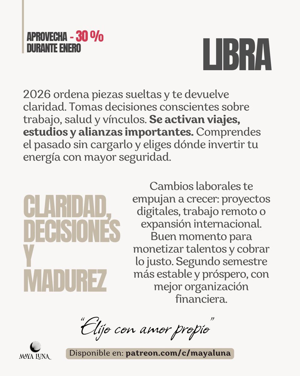 SoyMayaLuna's tweet photo. #LIBRA2026 ordena piezas sueltas y te devuelve claridad. Tomas decisiones conscientes sobre trabajo, salud y vínculos. Viajes, estudios y alianzas importantes. Comprendes el pasado sin cargarlo y eliges dónde invertir tu energía con mayor seguridad.
Más en https://t.co/CbNzecBZ2R https://t.co/4spZSNZidZ