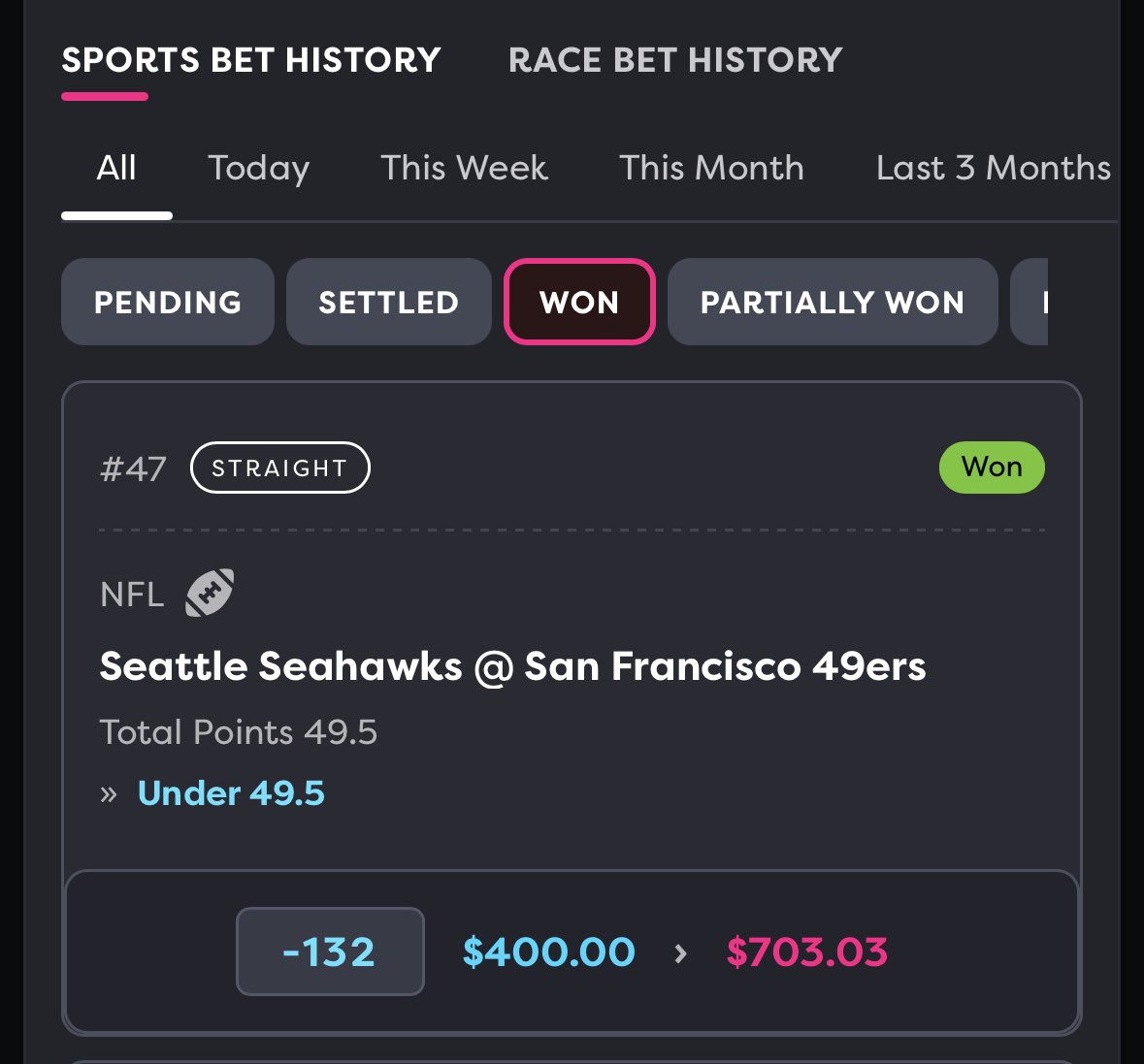 CertifiedBet's tweet image. ✅ Seattle Seahawks / San Francisco 49ers Under 49.5 -132 Winner  (2U) 

I Was On The Under On This Matchup As Well But This Play Didn’t Make The Card Because I Placed It Exactly At Kickoff 😅

#GamblingX #Seahawks 
#NFLPicks #Fttb 
#SportsBettingX