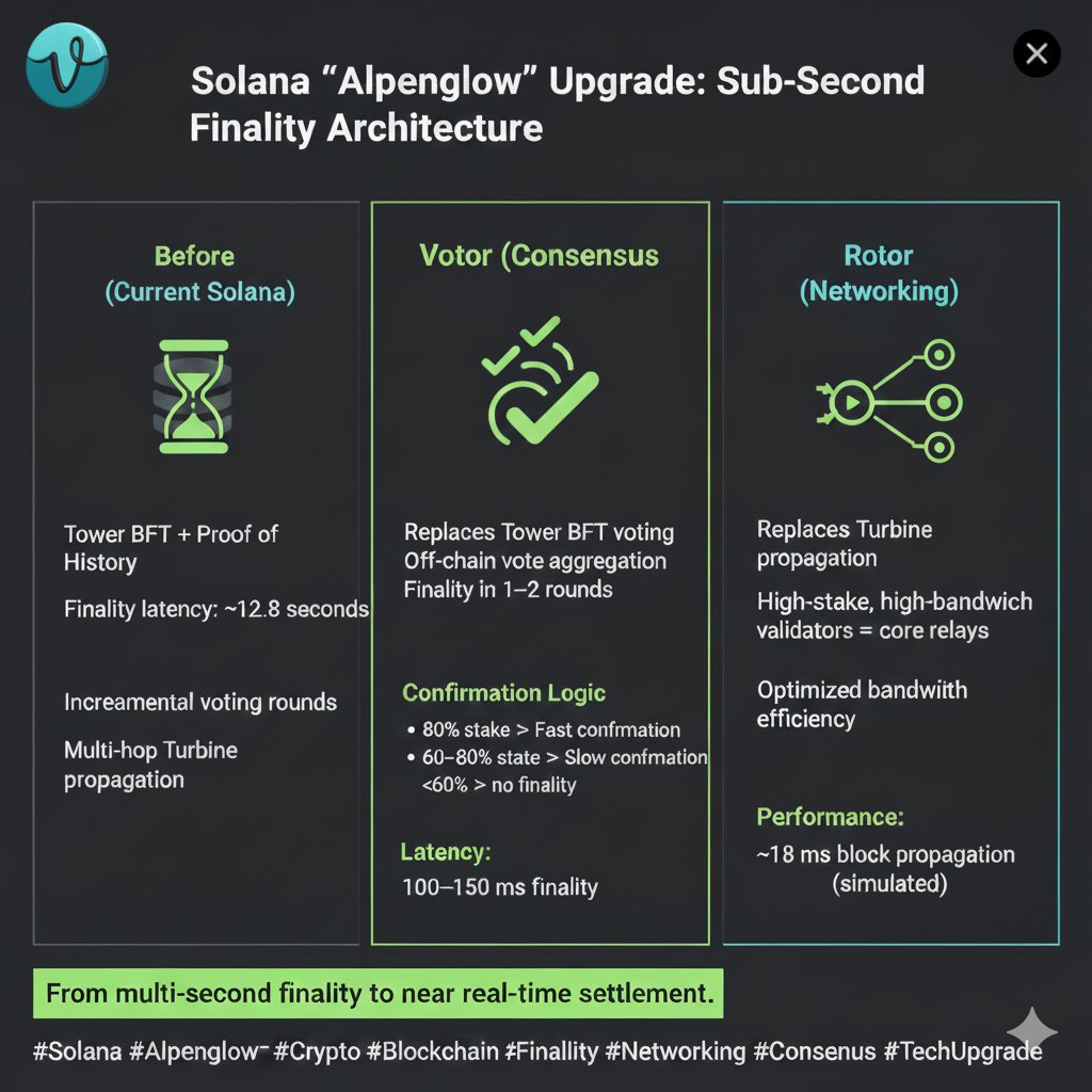 Solana is preparing a major consensus upgrade called Alpenglow, targeting  sub-second finality. Alpenglow replaces Tower BFT + PoH with two new  components: • Votor (vote aggregation) • Rotor (stake-weighted block  propagation) Finality