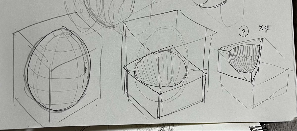 説明が難しいんだけど四角柱から球体を切り出そうとすると1番右のタルトの一切れみたいなやつができる

このくらい削り出しが必要で正面や側面の三面図を書いた時、この削り出しの量の多さは平面がメインの絵ばかりやってると中々想像できないという話 