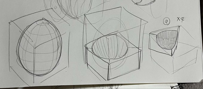 説明が難しいんだけど四角柱から球体を切り出そうとすると1番右のタルトの一切れみたいなやつができる

このくらい削り出しが必要で正面や側面の三面図を書いた時、この削り出しの量の多さは平面がメインの絵ばかりやってると中々想像できないという話 