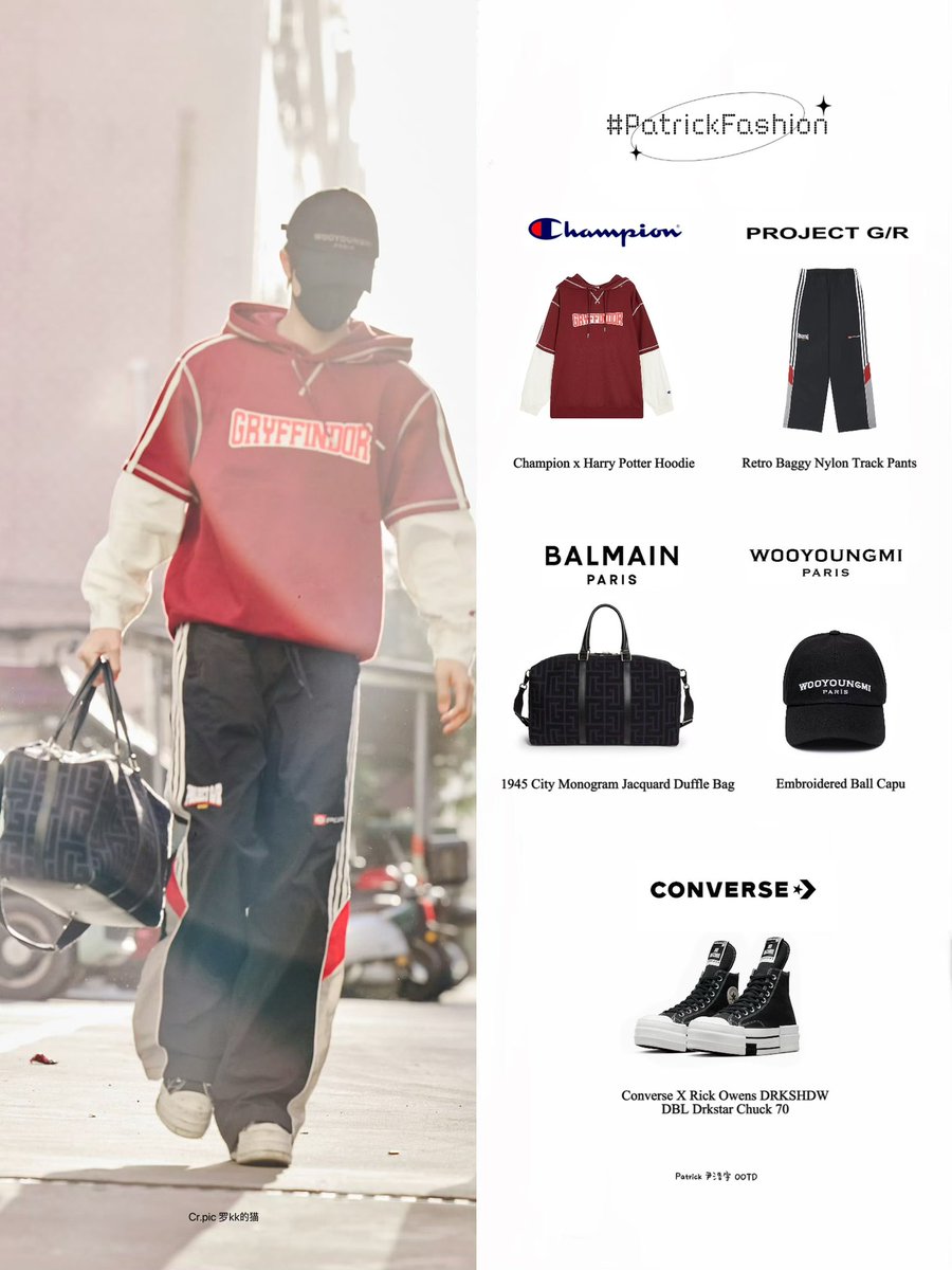 Patrickfs1020's tweet photo. 251128 I Patrick🎥#AMingDynastyAdventure @patrick_pppat  

➖#PatrickFashion➖
#Champion | Hoodie 
#ProjectGR Project G/R | Pants
#Wooyoungmi | Cap
#BALMAIN | Duffle Bag
#Converse X #DRKSHDW | Sneaker https://t.co/xHUeAwYQmX
