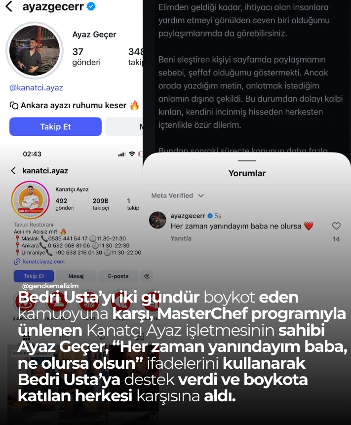 Türk milleti ile dalga geçen,  Türk milleti için "Orta Asya eşekleri ağlıyor,  Moğol kudurtan Bedri Baba" yorumlarını beğenen Kebapçı Bedri Usta ve ona "Her zaman yanındayım baba ne olursa olsun diyen." Kanatçı  Ayaz'ı boykot ediyoruz.

#KanatcıAyazBoykot 
#BedriUstayıBoykot