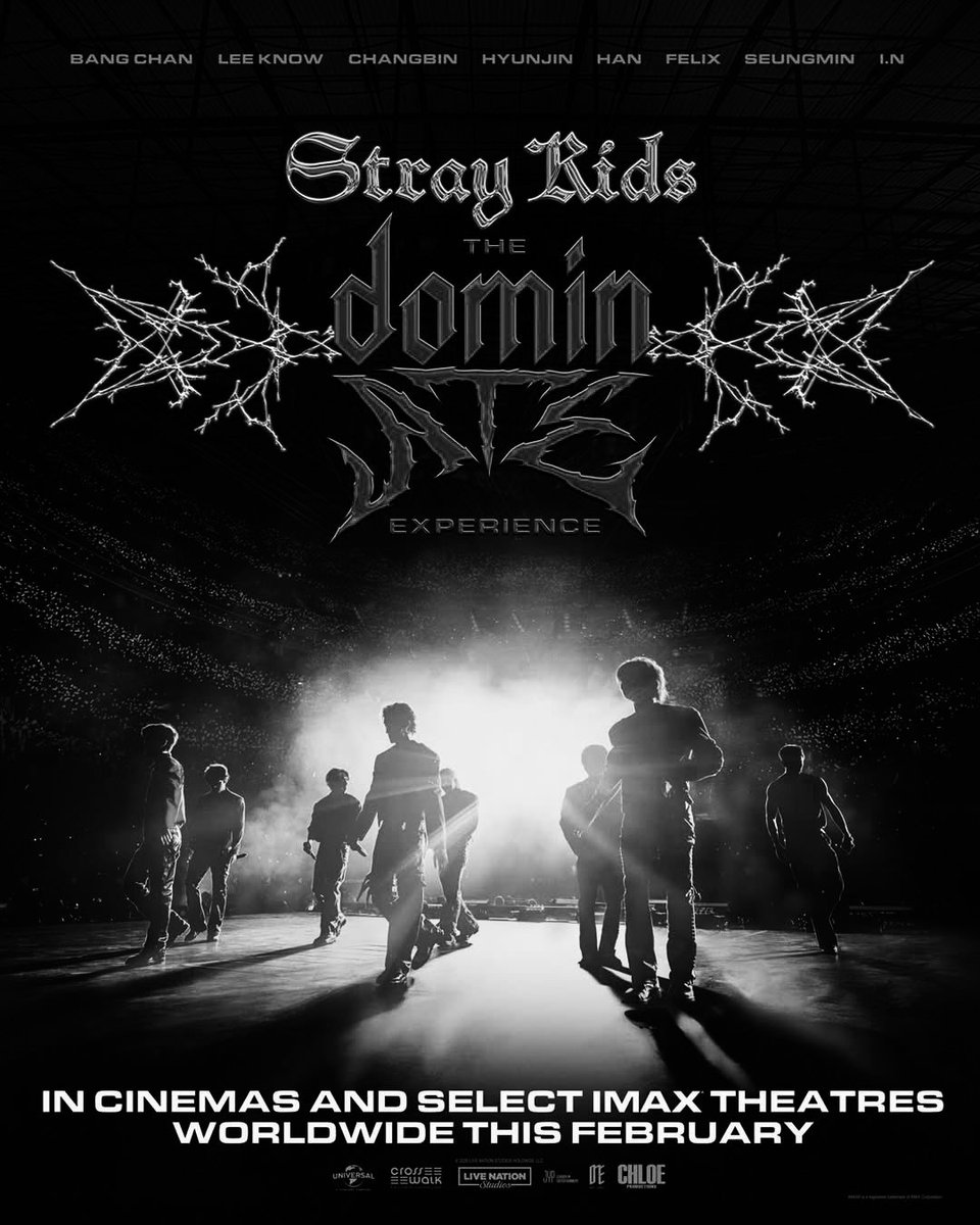 Hyunjinr's tweet image. We are coming to cinemas worldwide. The first official poster for “Stray Kids: The dominATE Experience” has been officially unveiled and with theatrical screenings scheduled globally for February 2026.