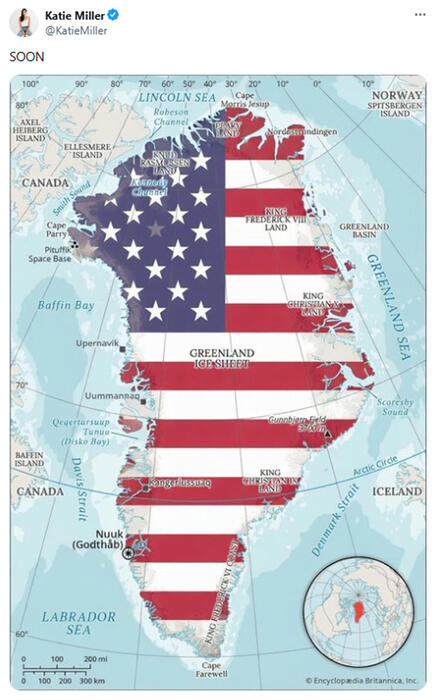 Agenzia_Ansa's tweet image. Presto la Groenlandia, post su X dagli Usa suscita la reazione dell'ambasciatore danese. Podcaster e moglie del consigliere di Trump pubblica una cartina con la bandiera americana #ANSA ansa.it/sito/notizie/m…