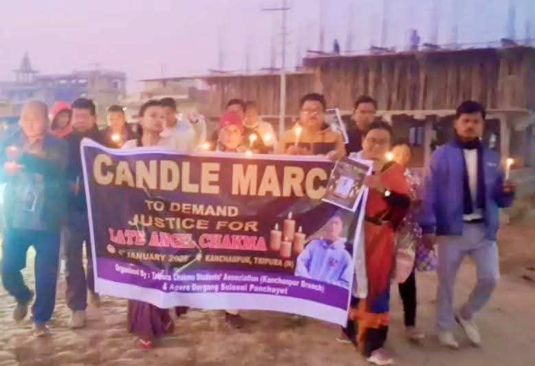 tisftipra's tweet photo. Today, #TISF Kanchanpur Sub-Division Joint Convenor Shri Sambula Reang took part in a candle march at Kanchanpur, organised by the Tripura Chakma Students’ Association (TCSA), demanding justice for Late Anjel Chakma.
#JusticeForAnjelChakma
#StopRacialDiscrimination https://t.co/R7e0w4qqMZ