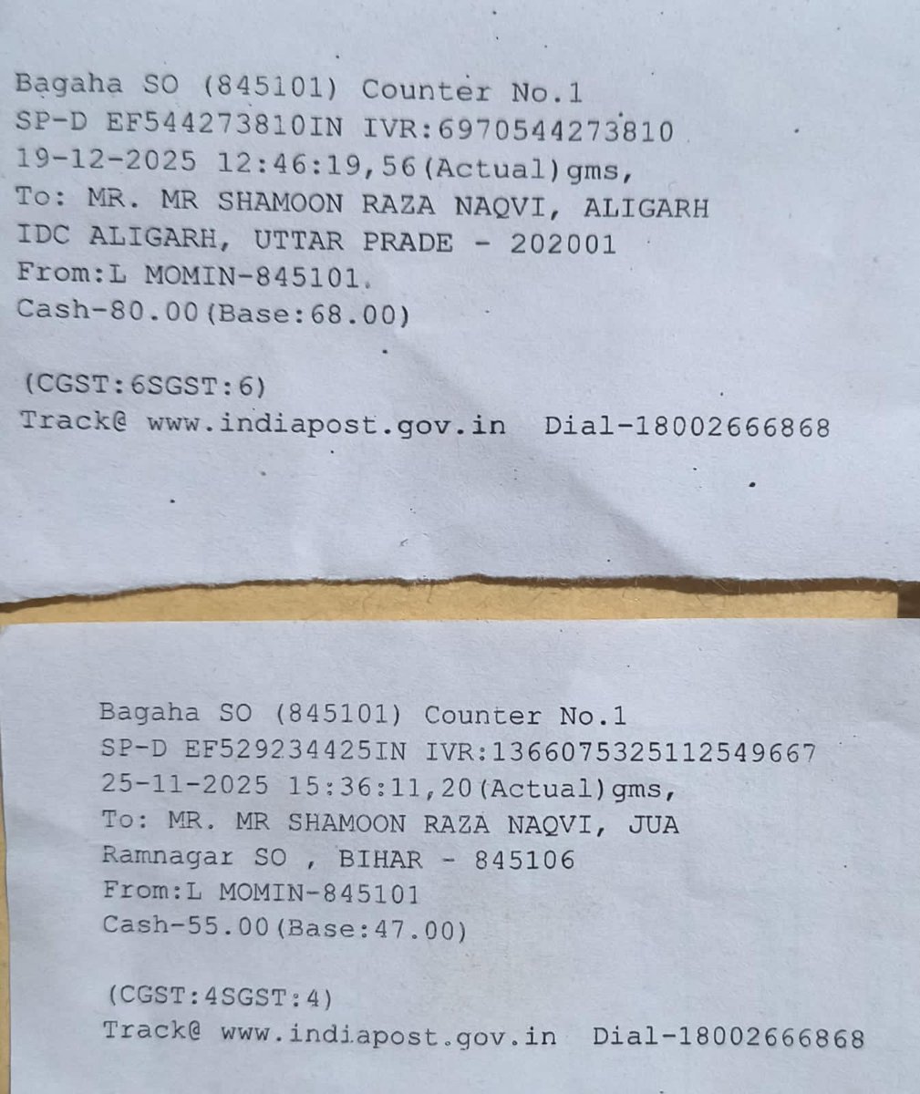 mdimranmomin's tweet photo. How can @IndiaPostOffice, once the country's most trusted postal service, be so careless today? Speed ​​Post consignments (EF529234425IN dated November 25, 2025 and EF544273810IN dated December 19, 2025) have not arrived even after several months of being sent… https://t.co/evgy4hRlSq
