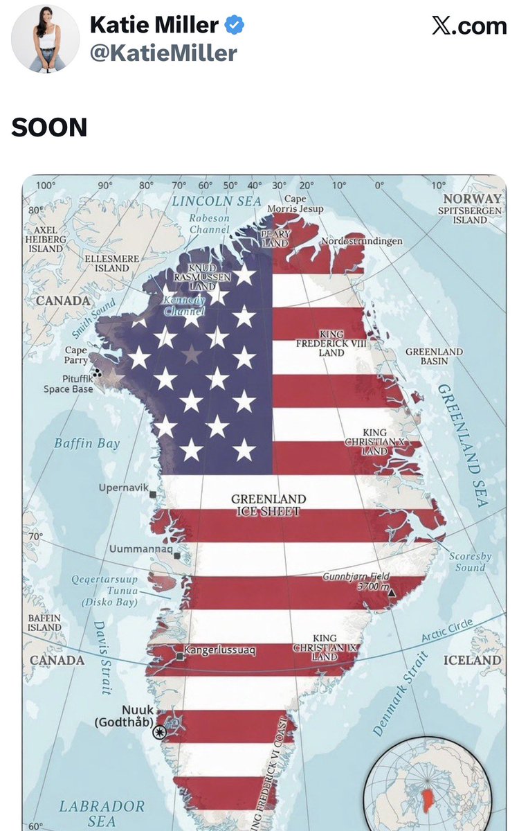 elmercurioAON's tweet image. Katie Miller, ex directora de comunicaciones del vicepresidente de EEUU y esposa de Stephen Miller, Asesor de Seguridad Nacional de EEUU, escribe “PRONTO” con Groenlandia pintada con la bandera estadounidense. 

El mensaje está dado.