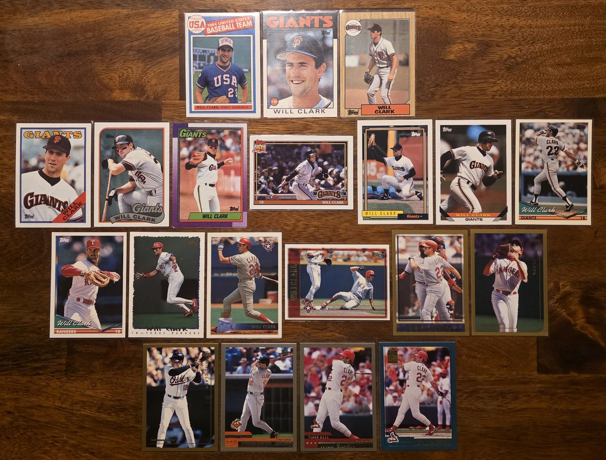 Hey. Have you ever wondered what the playing career of <a href="/WillClark22/">Will Clark</a> looks like in the form of Topps baseball cards? 

I'm as excited about this run as any I have. I hope the Thrill reposts this &amp; a gazillion people see it.

But if not, this post is still for you. Beautiful swing.