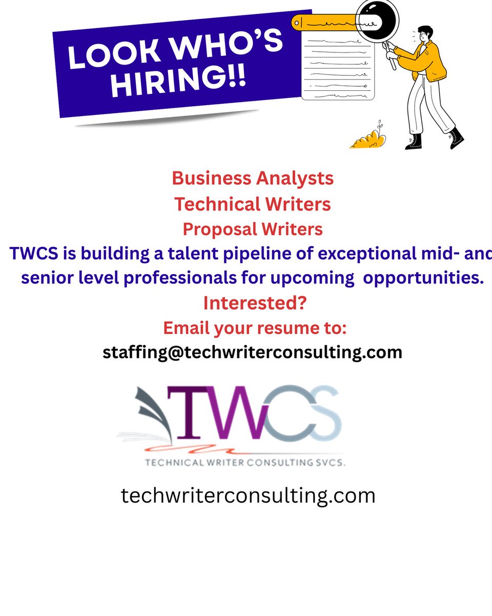 WriteTechs's tweet photo. #BusinessAnalysts #Career #Construction #ContractsAndProcurement #Employment #Government #HiringProfessionals #InformationTechnology #JobSearch #Policy #ProposalWriters #PublicHousing #Recruitment #TechnicalWriters #Technology #Transportation #Utilities https://t.co/t66MP3lxpZ