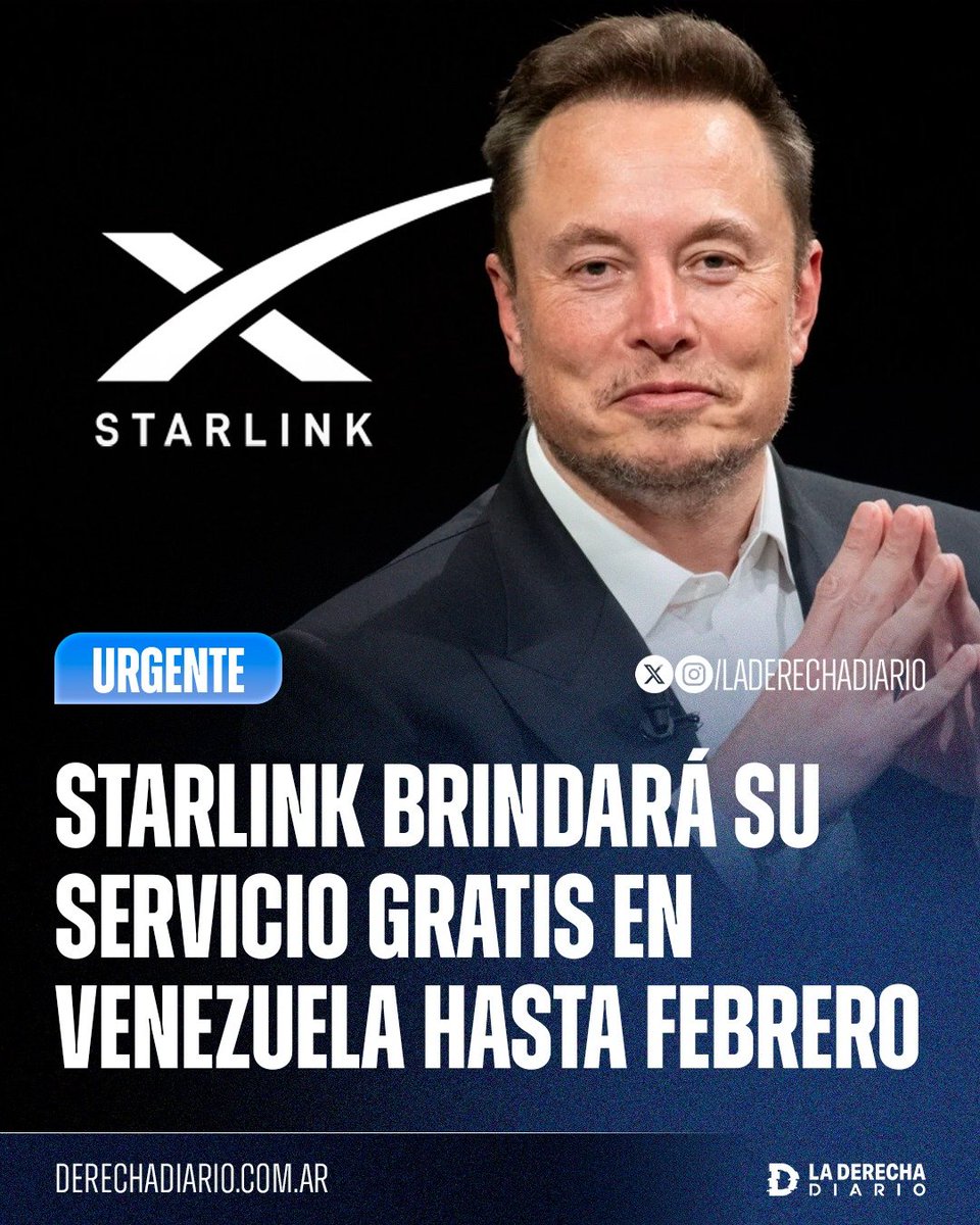 laderechadiario's tweet photo. 🚨🇺🇸🇻🇪 | HÉROE DE LA LIBERTAD: El servicio de internet satelital de Elon Musk, Starlink, anunció que brindará su servicio gratis en Venezuela hasta febrero para garantizar la conectividad de los venezolanos durante la transición hacia la democracia. https://t.co/3HrISsdFr3