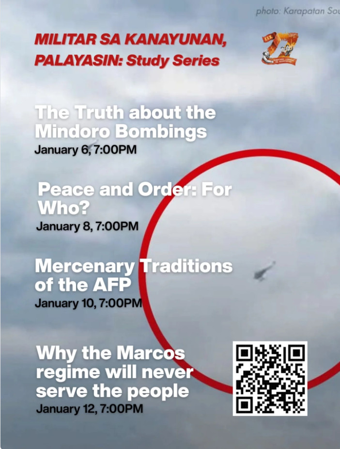 MTA_Calendar's tweet photo. New Events!
📆6th, 8th, 10th &amp; 12th Jan 
🕖7pm PH Time

@anakbayan_ph hold "Expel the military from the countryside" study series, discussing repression under Marcos-Duterte regime.

Details:
https://t.co/X64SUnPVju https://t.co/uZAZuKH8c0