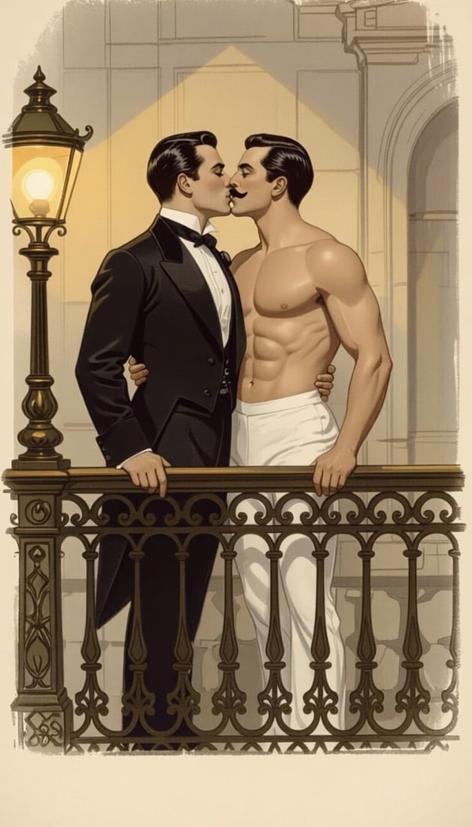 ichthayander's tweet photo. "A vintage Victorian Era beefcake image of two men standing on a balcony kissing. One is dark haired and clean shaved. The other is light hai..." - made with @NightCafeStudio 

https://t.co/9jpdx3i8N2

#aiart #nightcafe #digitalart #GayArt #GayInterest #VictorianDandies https://t.co/QsFVL289vo