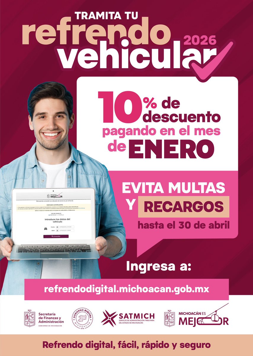 ¡Cuando cumples, ahorras y tu dinero alcanza para más! 💰🚗

Tramita tu refrendo vehicular y obtén 10% de descuento pagando en el mes de enero. Hazlo en línea, desde la comodidad de tu casa o donde sea que te encuentres ingresando a: refrendodigital.michoacan.gob.mx. #MichoacánEsMejor