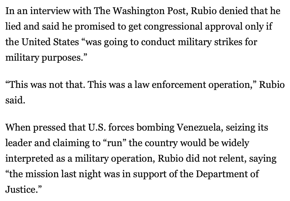 Point essentiel pour celles et ceux qui  comme moi suivent le droit et les institutions américaines. 
Marco Rubio affirme deja ( ce dimanche matin en urgence au Washington Post) n’avoir “pas menti” et précise que "l’opération a été menée avec le Ministere de la  Justice" .
➡️ Il