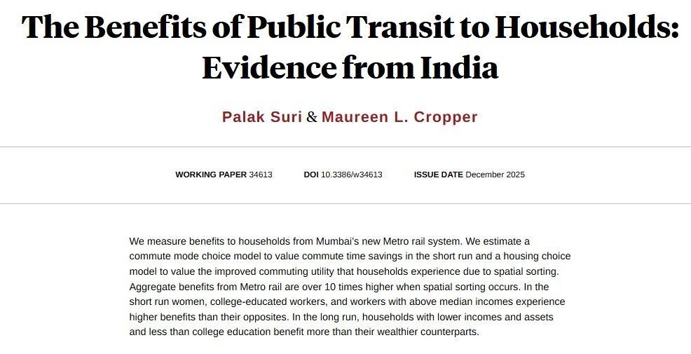 nberpubs's tweet photo. Measuring benefits to households from Mumbai’s new Metro rail system, from Palak Suri and Maureen L. Cropper https://t.co/esCQzYbwBc https://t.co/rNtn149Wo6