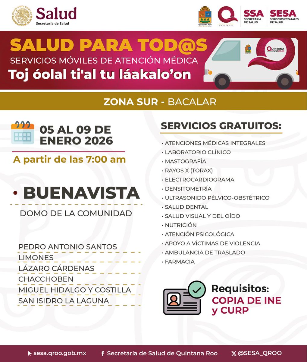 SESA_QROO's tweet photo. 🚑🩺 Quintanarroenses, las caravanas móviles “Salud para Tod@s” llegan esta semana a tu comunidad con servicios médicos para toda la familia.

📍  Bacalar -  Felipe Carrillo Puerto -  Tulum
📅 Del 05 al 09 de Enero.
⏰ A partir de las 7:00 a. m.
🪪 Requisitos: copia de INE y CURP https://t.co/QJgN67qJCv
