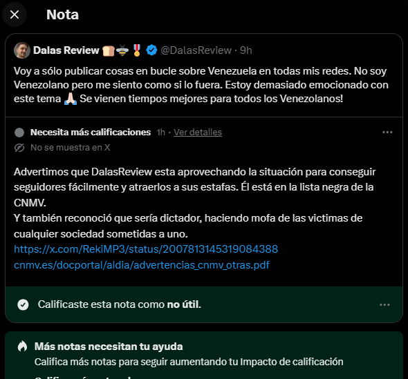 Dalas da visibilidad y habla del tema de Venezuela.

Los imbeciles: PERO LA CNMV 🤬🤬🤬🤬😤😤😤😤👹👹👹