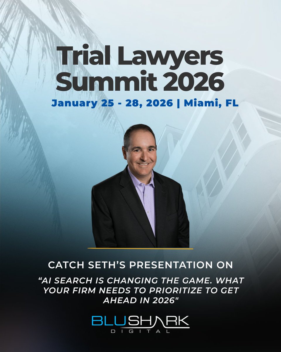 BluShark Digital is headed to the 2026 Trial Lawyers Summit (Jan 25–28) in Miami.
Our founder, Seth Price, will speak on how AI search is changing law firm growth in 2026. Visit us at our booth to talk strategy!
#TLSummit #AISearch #LawFirmMarketing