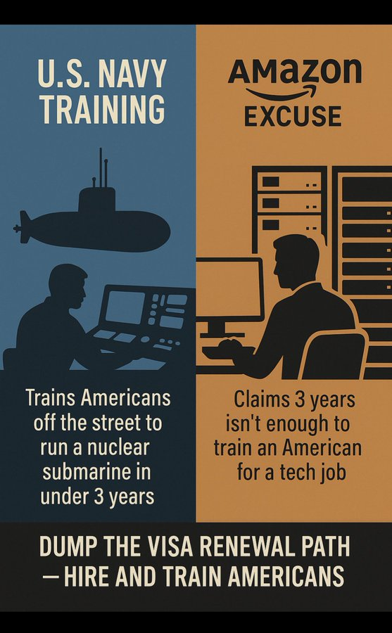 ChiefEngineerCE's tweet image. Torpedo the Visa renewal path

If the U.S. Navy can take someone off the street and train them to operate a nuclear submarine in under three years…

Then Amazon can train an American to do a tech job in that same time. Therefore Visa extensions are unnecessary. 

The truth is…