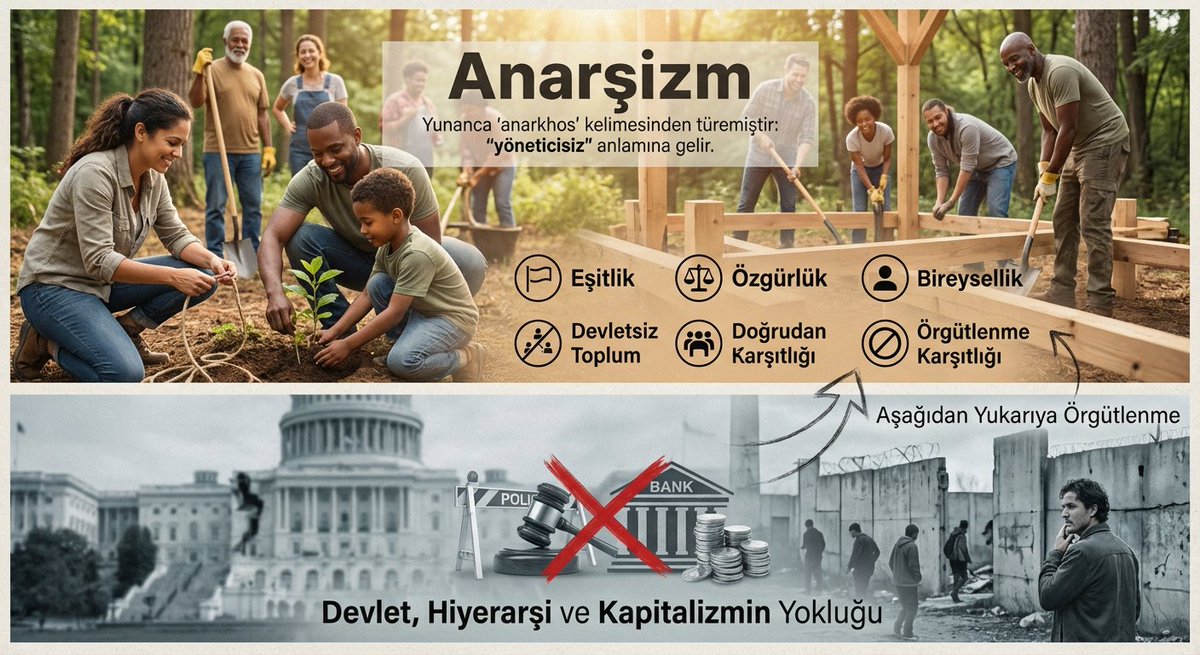 ANARŞİZM

Anarşizm kavramı Yunanca "anarkhos" sözcüğünden türemiştir ve "yönetimsiz" anlamına gelir. Anarşistlere göre anarşizm, eşit bireylerin özgürce iş birliği yaptığı bir toplumu hedefler. Bireye ve bireyselliğe karşı olan tüm hiyerarşik sistemlere, yani devlete ve tüm