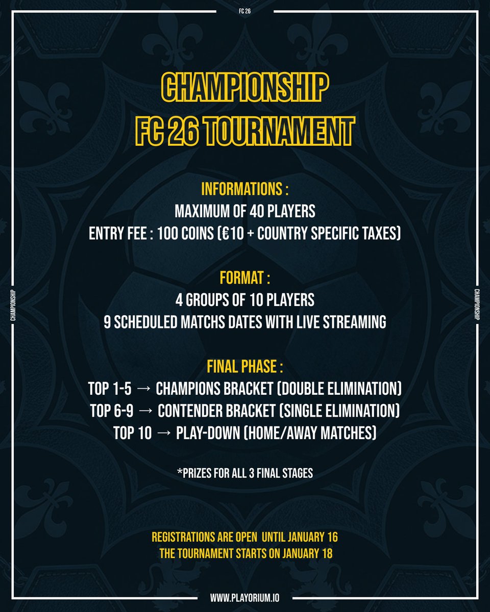 playorium's tweet image. FC 26 TOURNAMENT 🚨

The Championship is back!

Whether you’re a beginner or an experienced player, join us! 🎮

New feature: everyone gets a second chance! 🔥

Sign up now: app.playorium.io/tournament/695…

More details below ⬇️
#eafc26 #fc26 #tournament