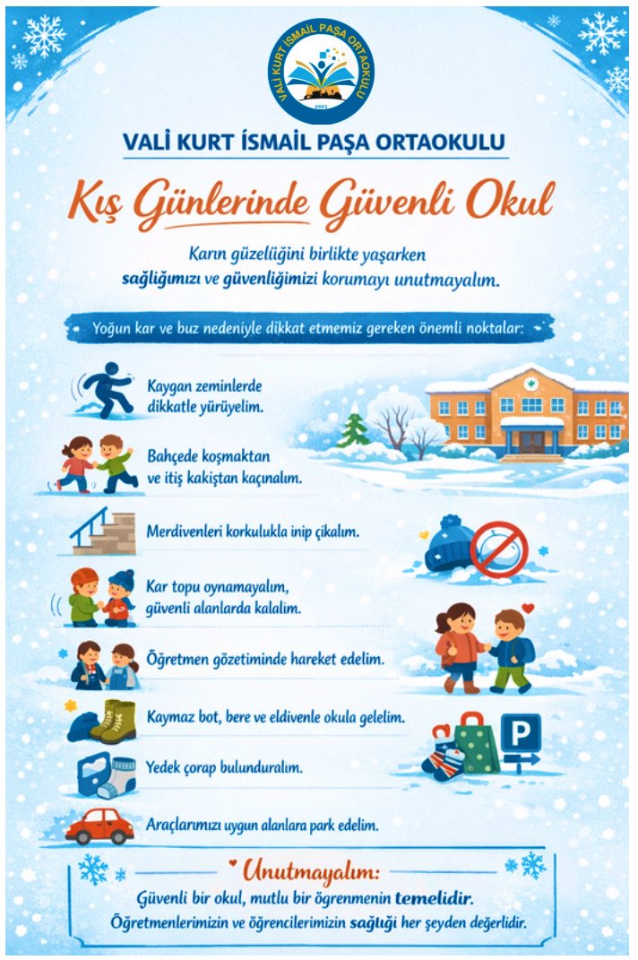 Kış günlerinde küçük önlemler, büyük güvenlik sağlar. ❄️
Öğrencilerimizin sağlığı ve güvenliği her şeyden önce gelir.
Güvenli bir okul, mutlu bir öğrenmenin temelidir.
#GüvenliOkul #KışTedbirleri 
<a href="/vali_zorluoglu/">Murat Zorluoğlu</a> 
<a href="/sadoglu_salih/">Salih Sadoğlu</a> 
<a href="/Diyarbakirmem/">Diyarbakır İl Millî Eğitim Müdürlüğü</a> 
<a href="/Kayahansubasi/">Kayahan Subaşı</a> 
<a href="/kayapinarmem/">Kayapınar İlçe Millî Eğitim Müdürlüğü</a>