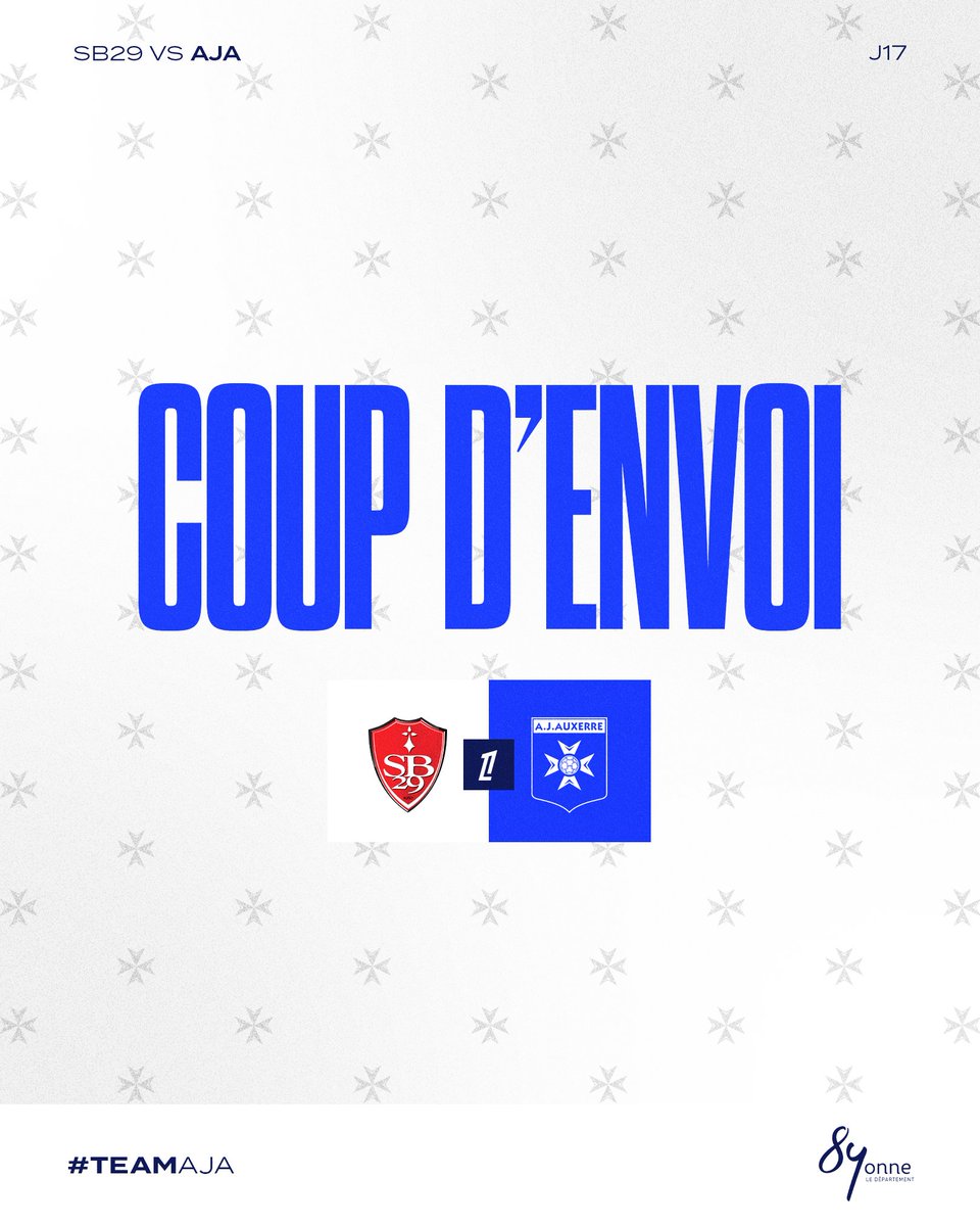 🔛 𝐂𝐨𝐮𝐩 𝐝'𝐞𝐧𝐯𝐨𝐢 🏟️ C'est parti à Brest pour ce premier match de l'année 2⃣0⃣2⃣6⃣ ! 𝐀𝐋𝐋𝐄𝐙 𝐋'𝐀𝐉𝐀 !!! 🔵⚪ #TeamAJA #SB29AJA (0-0)