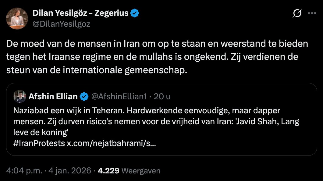 Terechte woorden van <a href="/DilanYesilgoz/">Dilan Yesilgöz - Zegerius</a> en <a href="/UlysseEllian/">Ulysse Ellian</a>.

De Iraanse bevolking moet alle steun krijgen van de internationale gemeenschap. Dat regime moet weg.

Samenwerking met Israël en de VS is essentieel voor de bevrijding van het Iraanse volk.