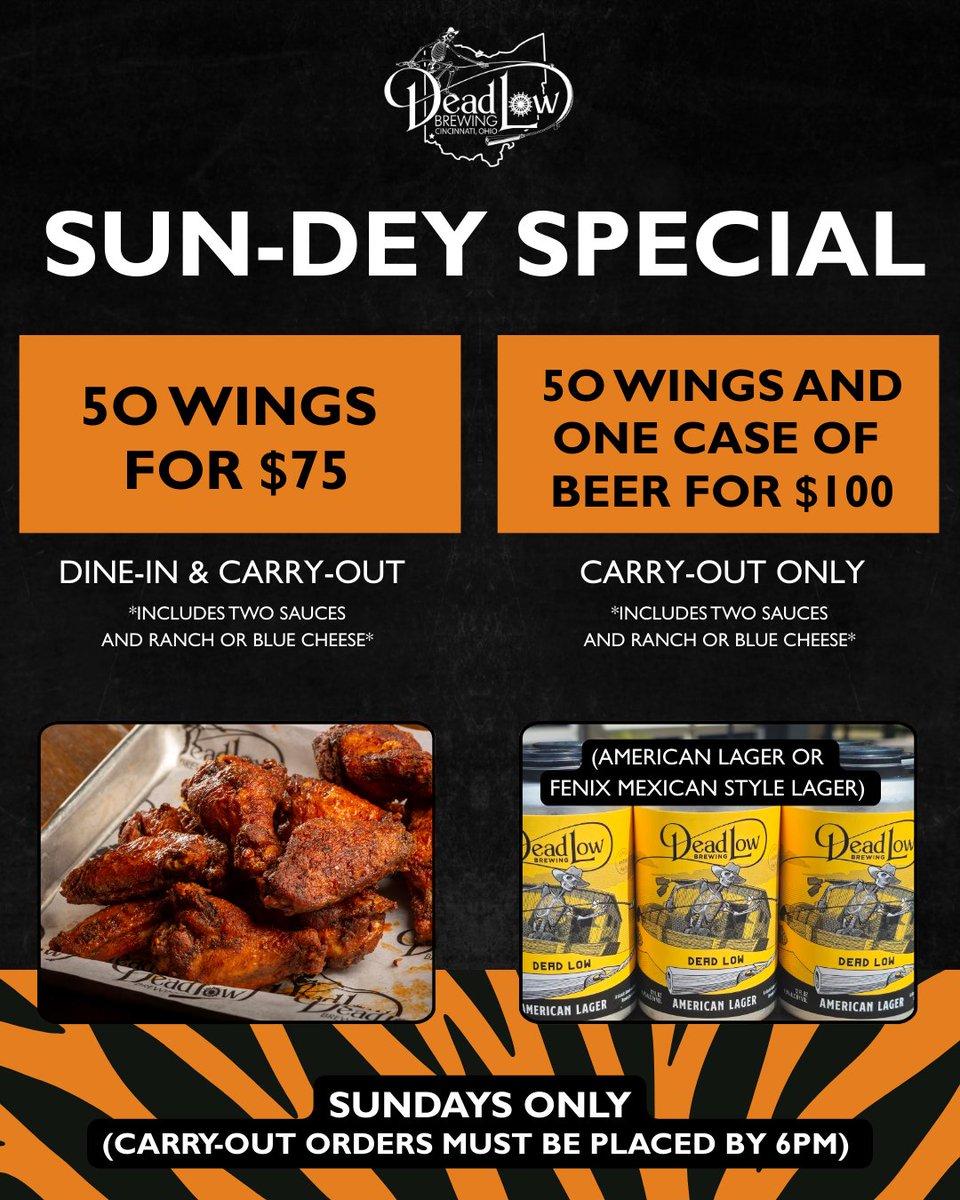 🔥 SUN-DEY SPECIAL! 🔥

Grab your crew and dig into our wing deal!
🍗 50 Wings for $75
✔️ Dine-in or Carry-out

🍺 Carry-Out Only:
50 Wings + 1 Case of Beer for $100
(Choose American Lager or Fènix Mexican-Style Lager)

Perfect for game day!