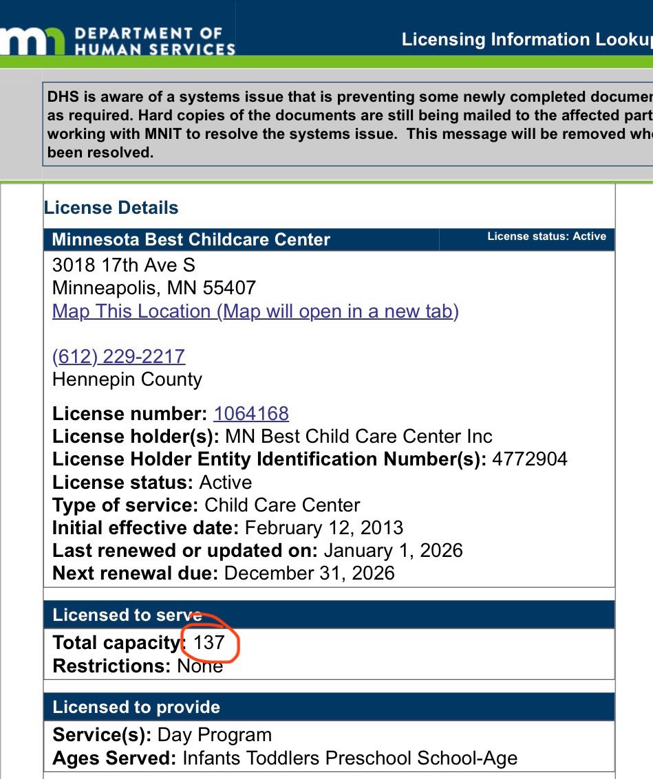 But wait it gets worse!

The Minnesota best childcare center received $1.5 million from feeding our future and claimed to serve thousands of meals

2020: 67,308
2021: 491,908

Their total capacity is 137. Does anyone believe they served nearly 500k meals?!

Guess who the contact