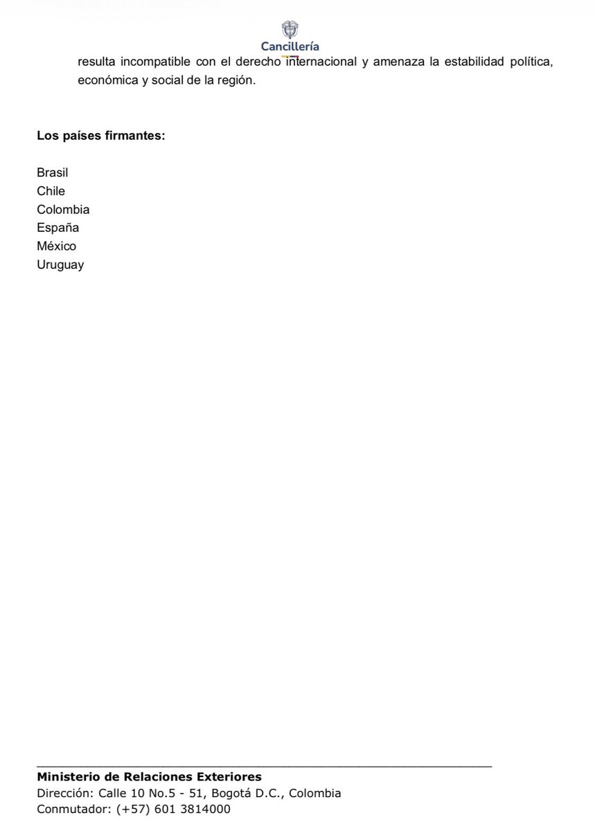 Comunicado conjunto de Brasil, Chile, Colombia, México, Uruguay y España frente a los hechos ocurridos en Venezuela: 

cancilleria.gov.co/newsroom/news/…