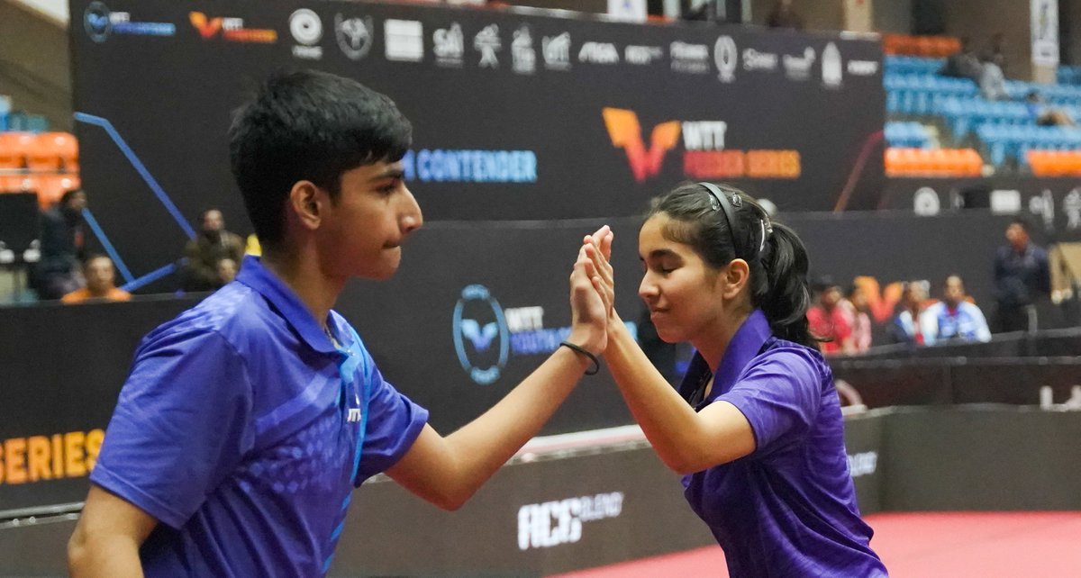 DDNewslive's tweet photo. Syndrela Das &amp; Sarthak Arya clinched the U-19 mixed doubles title, while Vivaan Dave &amp; Naisha Rewaskar lifted the U-15 crown at the WTT Youth Contender 2026 in Vadodara.

#WTTYouthContender2026 #TableTenni #Vadodara https://t.co/MfAn88rJgv