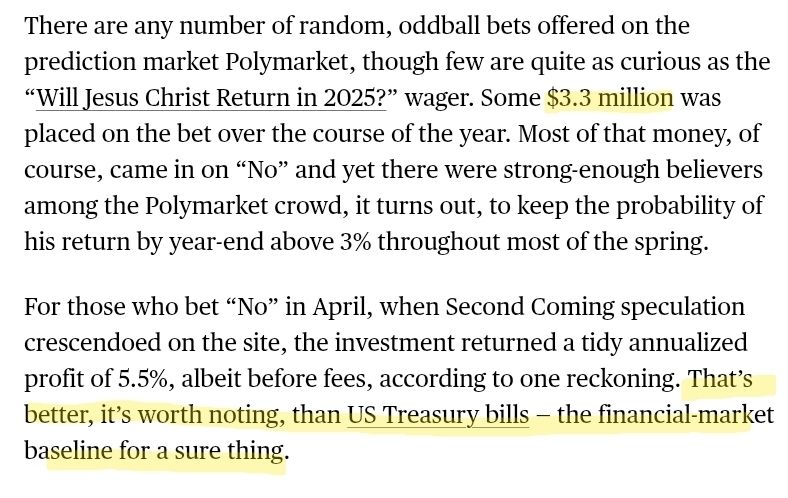 "Bet Against Christ’s Return Pays 5.5% Annual Gain on Polymarket" 😲 bloomberg.com/news/articles/…