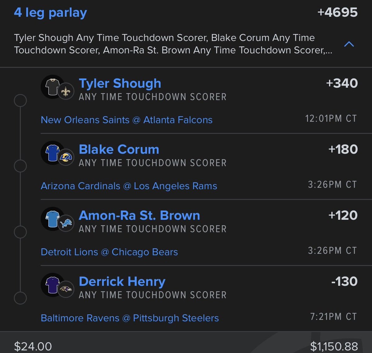 BettingHubHQ's tweet photo. 4 LEG ANYTIME TD PARLAY ๐งพ๐ฐ
+4695
$24 โก๏ธ $1,150
Tyler Shough
Blake Corum
Amon-Ra St. Brown
Derrick Henry ๐
LETโS RIDE ๐๐ฅ
#NFL #NFLSunday #NFLPicks #Parlay #ParlayPlay #AnytimeTD #TDScorer #Touchdown #SportsBetting #GamblingTwitter #BettingTwitter #BetTwitter #PickOfTheDay #SundayFunday #LetsGo #CashIt #LockItIn #DegensOnly #FootballSeason