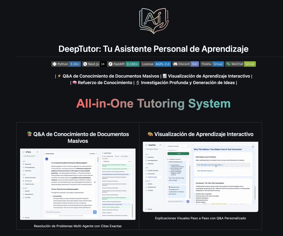 ¡Proyectazo! Aprende cualquier cosa con DeepTutor.
Un asistente de aprendizaje personalizado que usa IA.

Es mucho más que un chatbot. Recuerda tu contexto, tu progreso y se adapta a cómo aprendes.

Y encima es de código abierto:
github.com/HKUDS/DeepTutor