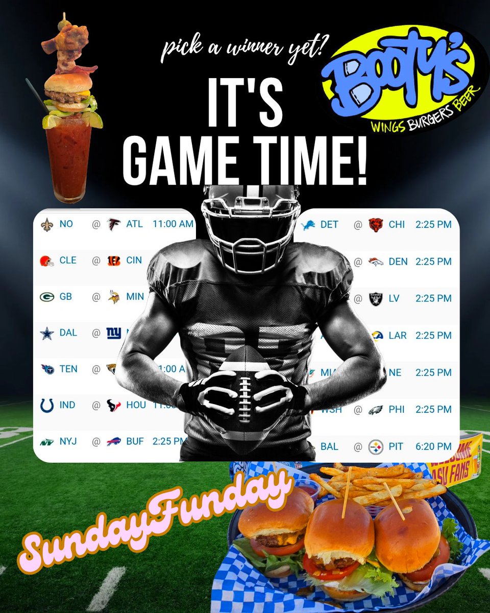 bootyswings's tweet image. Sunday Funday is calling and we've got you covered at ALL 3 locations! 
Stack up on our legendary wings, burgers, and beer while you catch every touchdown. Whether you're cheering for your team or just here for that our Bloody Mary!
 we're the ultimate game day destination!