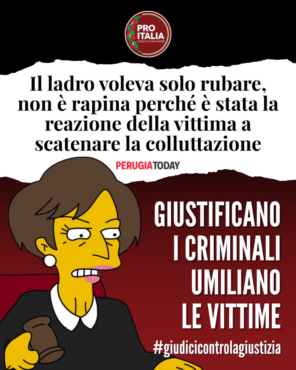 ProItalia_org's tweet image. Secondo i giudici della Corte d'Appello di Perugia, se è la vittima di un ladro a reagire e a innescare una colluttazione per cercare di difendere i propri beni... Non è rapina. Al massimo si tratta di furto aggravato.

Purtroppo anche nel 2026 torna la tragicomica rubrica…