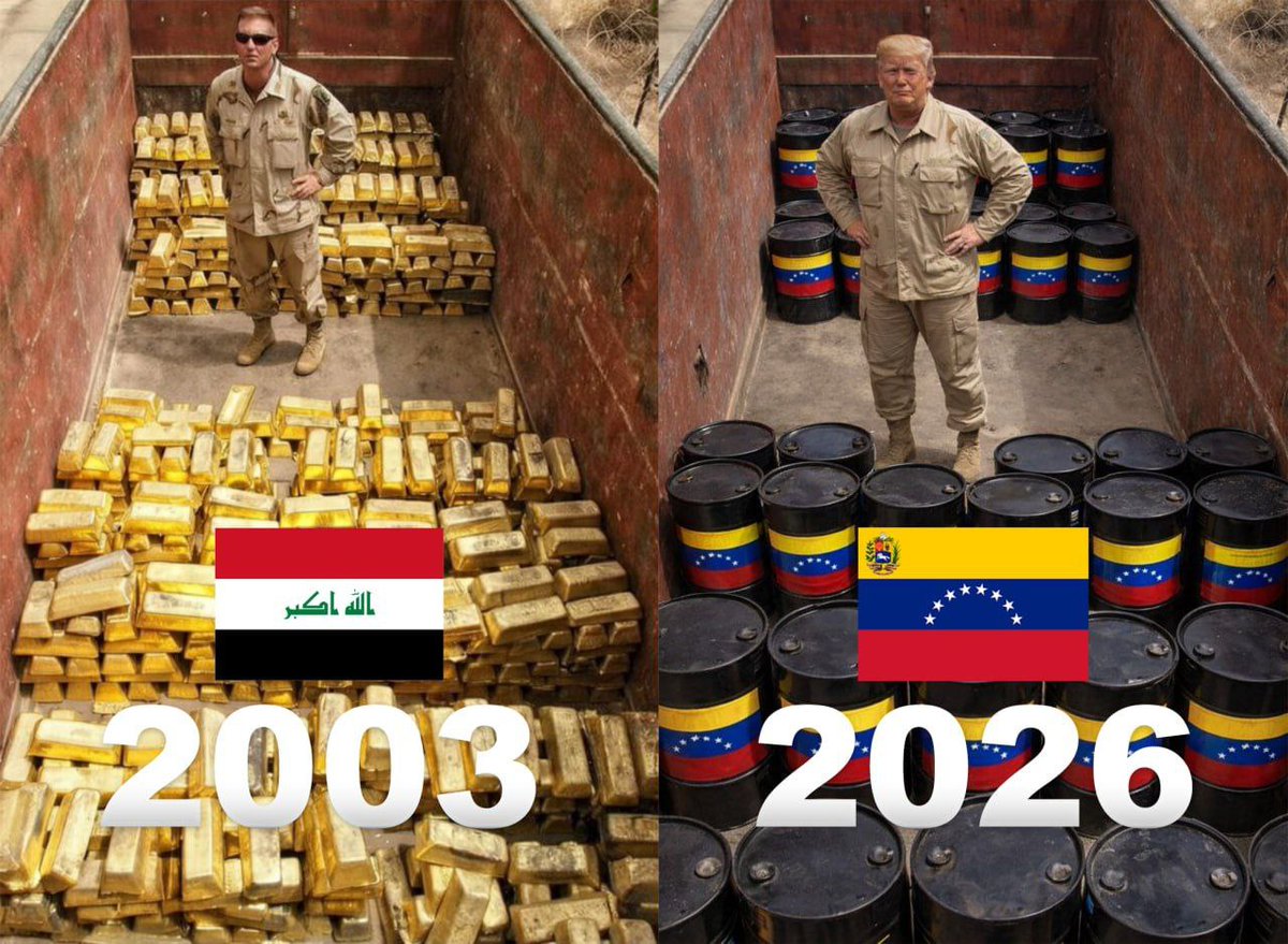 العراق دُمّر بذريعة الدمار الشامل  🇮🇶
وفنزويلا تُحاصر بذريعة المخدّرات  🇻🇪

الذرائع تُستبدل،
لكن يد النهب لا تتغيّر  🇺🇸