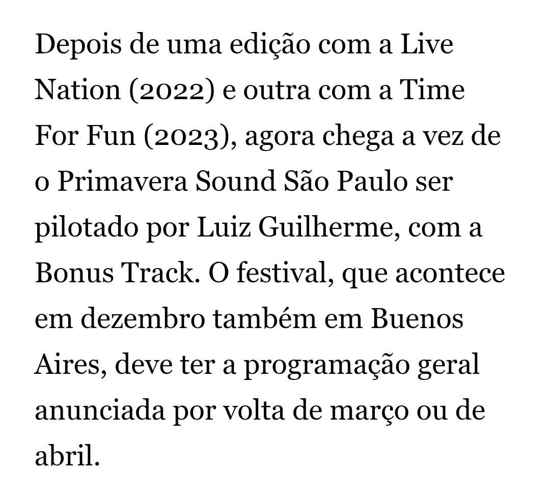 weinthecrowd's tweet photo. Luiz Guilherme Niemeyer disse que o line-up do Primavera Sound 2026 deve ser revelado entre março e abril.

A edição deste ano está sob comando da Bonus Track. https://t.co/rj6N6sS6tn