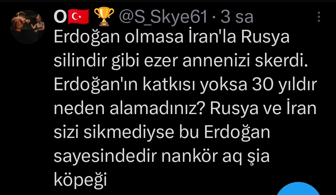 Lağım faresi her kese ağıza alınmayacak hakaret ediyor sorsan dünyaya gelme sebebi de erdoğan diyecek.. öyle böyle soysuzluk değil bunların fanatiklik... Şia deyip nefret ettikleri ülke için savaşıp Karabağ'ı alacağına pkk arap istilasına dur desin bir zahmet manukaynın pçleri