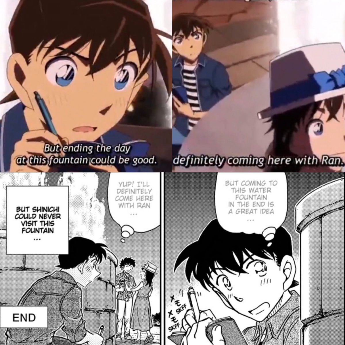 I love the intensity and determination with which Shinichi writes in his notebook and decides to take Ran to that fountain at the end 💖
~
Was he planning some kind of love confession? 👀🌇💕