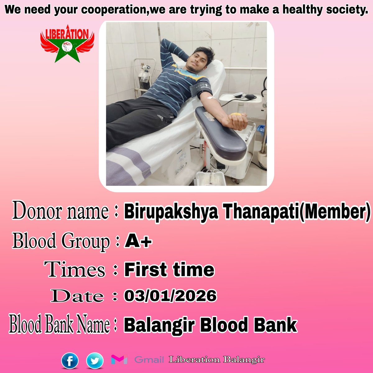 LBalangir's tweet photo. Every day, members of our organization Liberation donate blood at the Balangi blood bank.  We are trying to make a Healthy society 🙏 @HFWOdisha @CollectorBgr @DeoKalikesh @CMO_Odisha @_anugarg @SatyanarayanHo4 https://t.co/n4NytENmL4