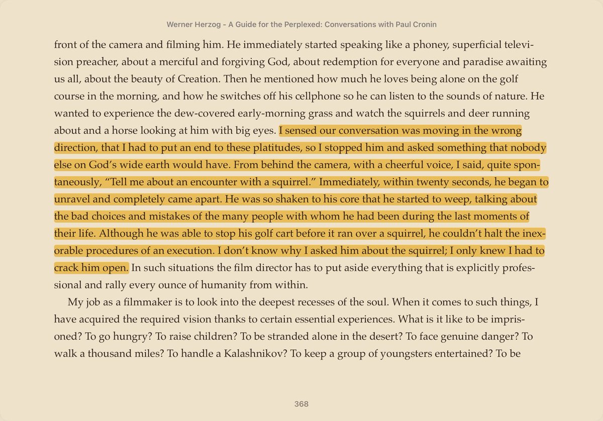 nabeelqu's tweet image. In general, you have the conversations you deserve to have.

If a conversation is boring for you it’s up to you to take it to a more interesting place. You can usually be more spicy/daring than you think. 

Some entertaining Werner Herzog examples of this:
